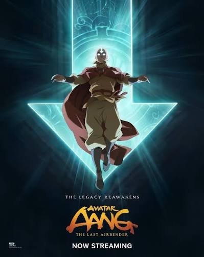 Avatar Aang glowing in the Avatar State with a luminous blue arrow symbol behind him in the official Avatar Aang: The Last Airbender – The Legend Reawakens streaming poster.