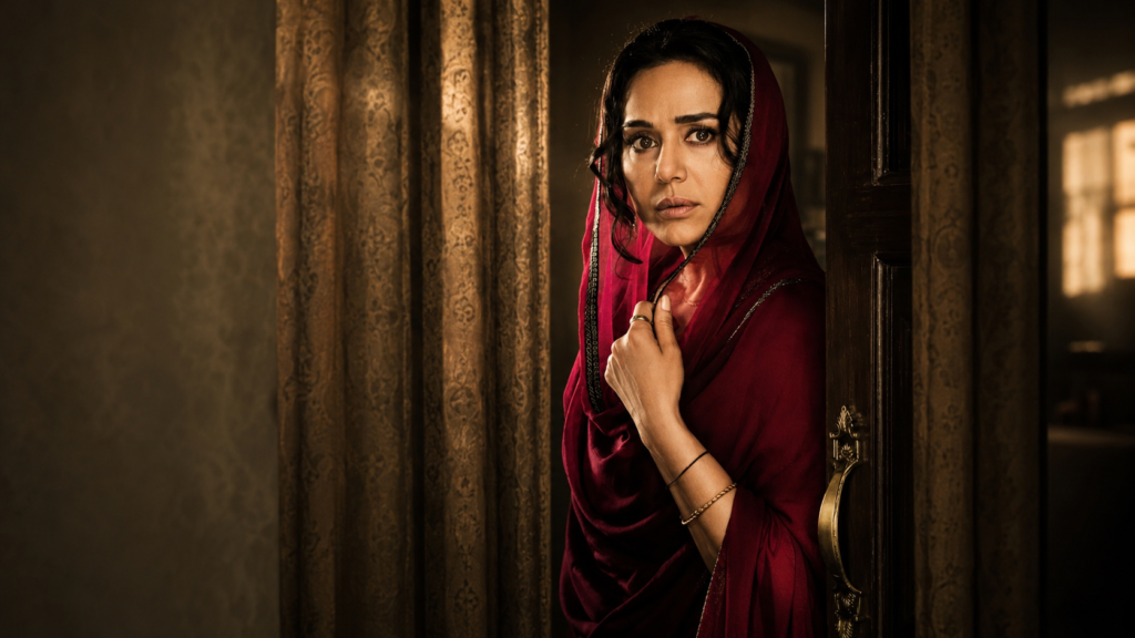 A worried woman draped in a deep maroon shawl stands in an old doorway in a cinematic scene from Batwara 1947, reflecting the emotional impact of India's Partition.