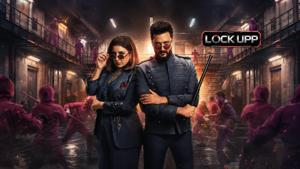 Lock Upp reality show poster featuring the hosts inside a prison-themed set.