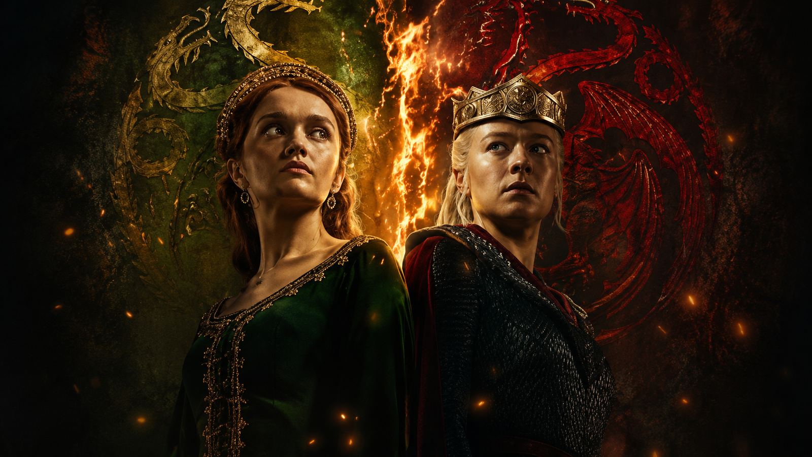 House of the Dragon Season 3 inspired artwork featuring two rival queens surrounded by green and red dragon symbols representing the Targaryen civil war.
